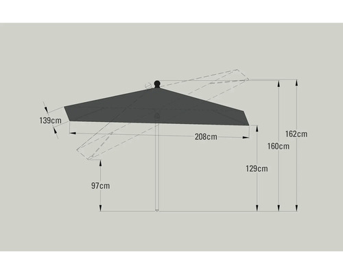 Illustratie van een parasol met maatvoering