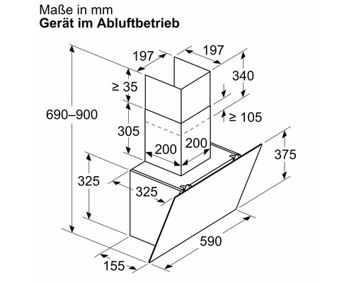 Afmetingen van een afzuigkap in afzuigmodus in millimeters