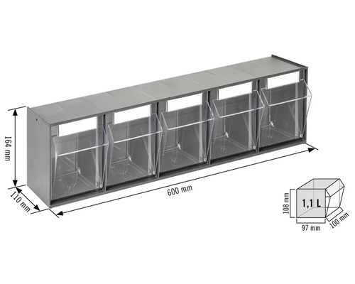 Rek met zes transparante voorraadbakken voor wandmontage, afmetingen worden weergegeven