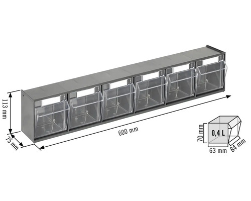 Opbergrek met vijf doorzichtige bakken en afmetingen