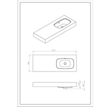 Technische tekening van een wastafelblad met afmetingen