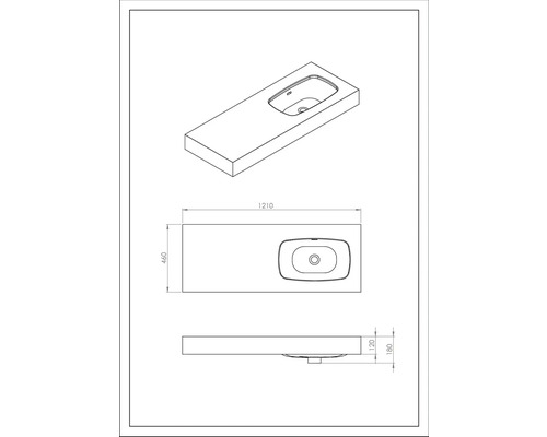 Technische tekening van een wastafelblad met afmetingen