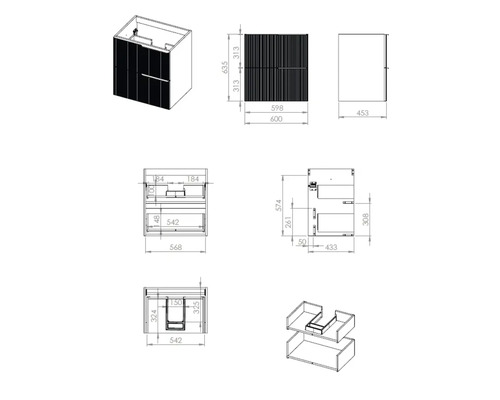 Technische tekening van een badkamerkast met afmetingen