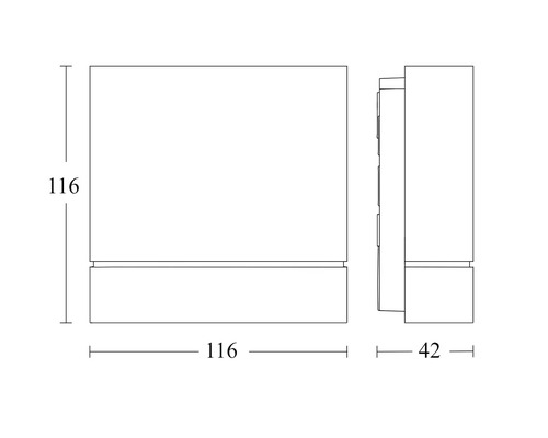 Technische tekening van een rechthoekige wandlamp met afmetingen van 116 x 116 x 42 millimeter