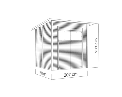 Afbeelding van een tuinhuis met de afmetingen 202 cm x 207 cm x 233 cm