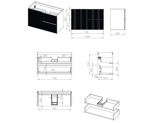 Technische tekening van een wastafelonderkast met afmetingen