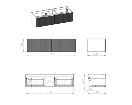 Tekening van een wastafelonderkast met afmetingen