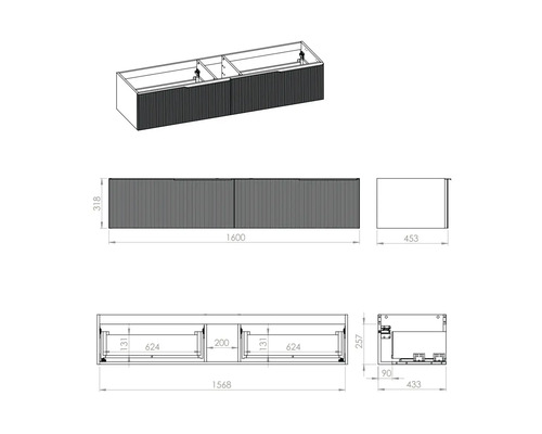 Technische tekening van een wastafelonderkast met afmetingen