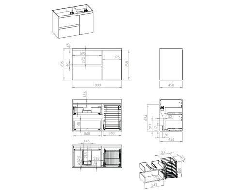 Technische tekening van een wastafelonderkast met afmetingen.