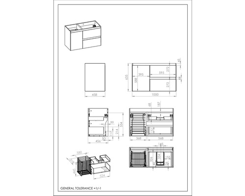 Technische tekening van een wastafelonderkast met afmetingen