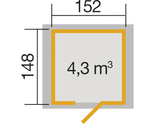 Plattegrond met afmetingen 152 bij 148 en een volume van 4,3 kubieke meter