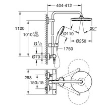 Technische tekening van een douchearmatuur met afmetingen