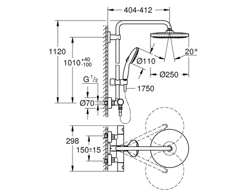 Technische tekening van een douchearmatuur met afmetingen