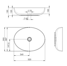 Technische tekening van een opzetwastafel met afmetingen