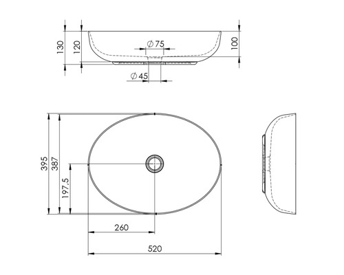 Technische tekening van een opzetwastafel met afmetingen