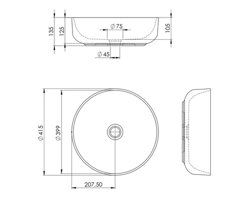 Technische tekening van een ronde waskom met maataanduidingen