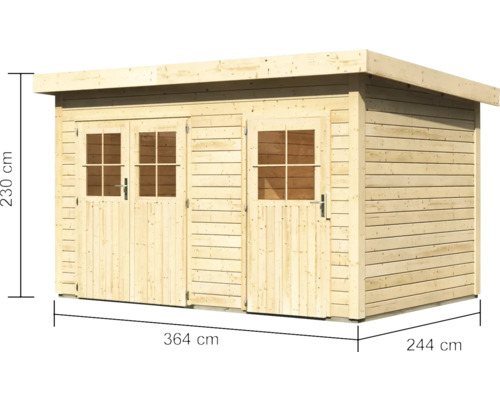 Houten tuinhuis met dubbele deur en enkele deur, 364 cm breed, 244 cm diep en 230 cm hoog