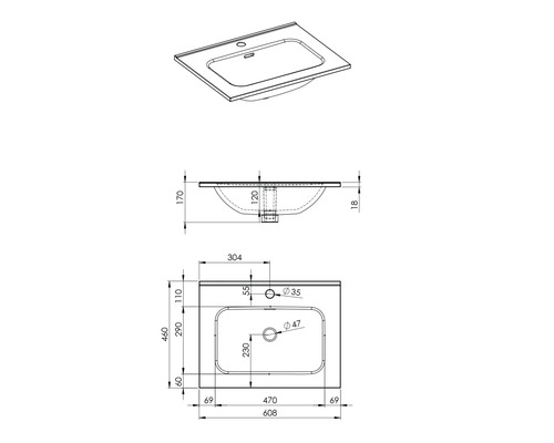 Tekening van een wastafelblad met afmetingen