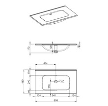Technische tekening van een wastafel met afmetingen