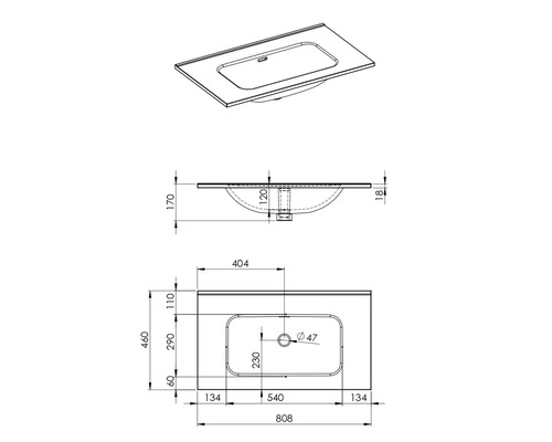 Technische tekening van een wastafel met afmetingen