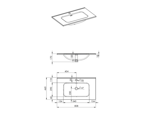 Technische tekening van een wastafelblad met afmetingen