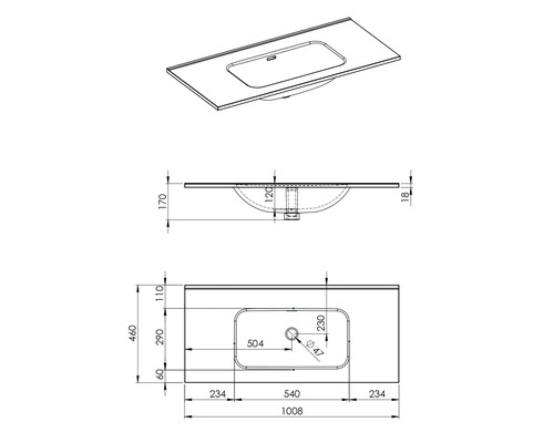 Technische tekening van een wastafelblad met maatvoering
