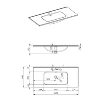 Technische tekening van een wastafelblad met afmetingen