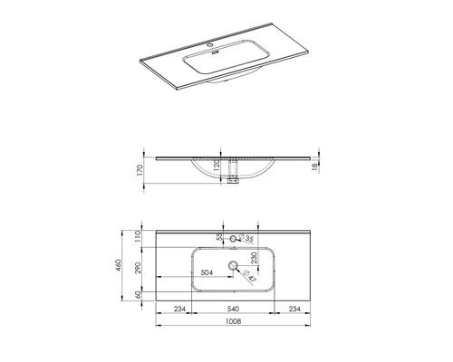 Technische tekening van een wastafelblad met afmetingen