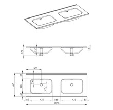 Technische tekening van een dubbele wastafel met maataanduidingen