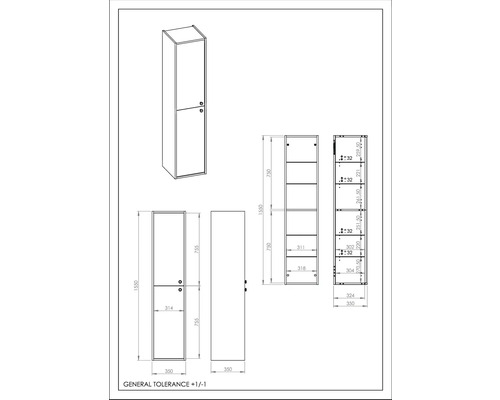 Technische tekening van een hoge kast met afmetingen