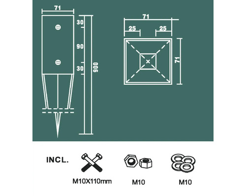 Technische tekening van een paalvoet met maatvoering en inclusief bevestigingsmateriaal.