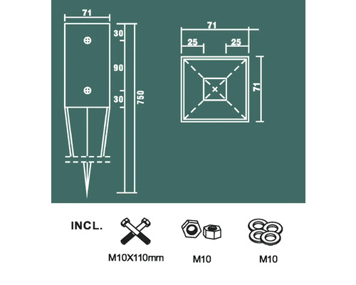 Technische tekening van een inslaghuls met afmetingen en accessoires
