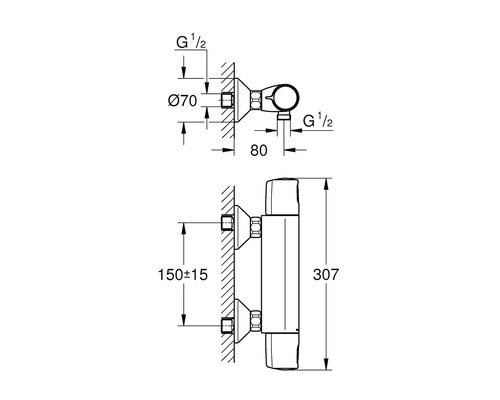 Technische tekening van een douchearmatuur met afmetingen voor installatie