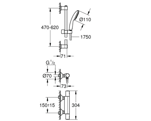 Technische tekening van een douchesysteem met afmetingen