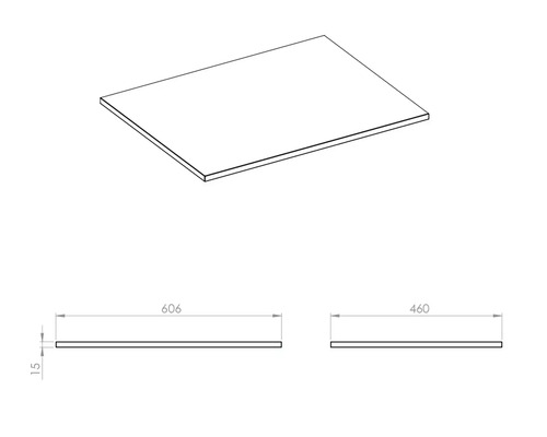 Technische tekening van een plaat met afmetingen 606 mm x 460 mm x 15 mm.