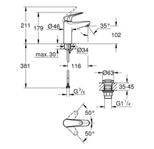 Technische tekening van een kraan met afmetingen