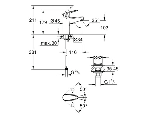 Technische tekening van een kraan met afmetingen