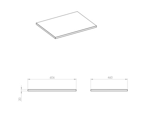 Technische tekening van een meubelpaneel met afmetingen van 606 x 460 x 20 millimeter.