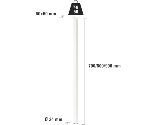 Technische tekening van een metalen buis met afmetingen 60x60 mm, diameter 24 mm en een lengte van 700, 800 of 900 mm, belastbaarheid 50 kg