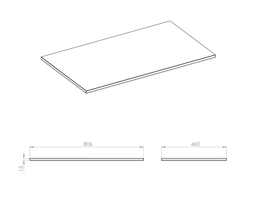 Tekening van een werkblad met de afmetingen 806 x 460 x 15 millimeter.