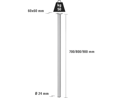 Technische tekening van een tafelpoten met afmetingen van 700, 800 en 900 millimeter en een draagvermogen van 50 kilogram