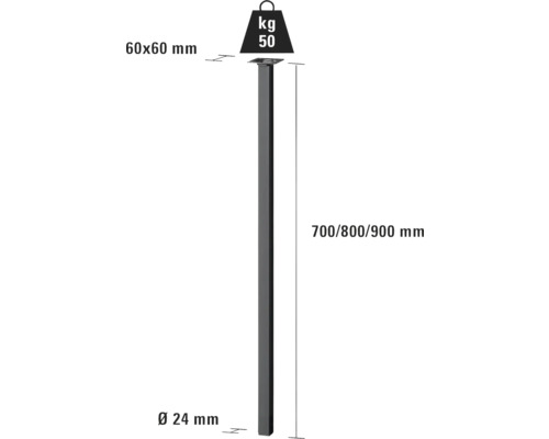 Tekening van een hekpaal met afmetingen van 60 x 60 mm en een lengte van 700, 800 of 900 mm