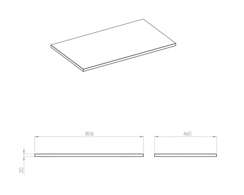 Technische tekening van een plaat met afmetingen van 806 x 460 x 20 millimeter.