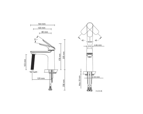 Technische tekening van een kraan met maatvoering