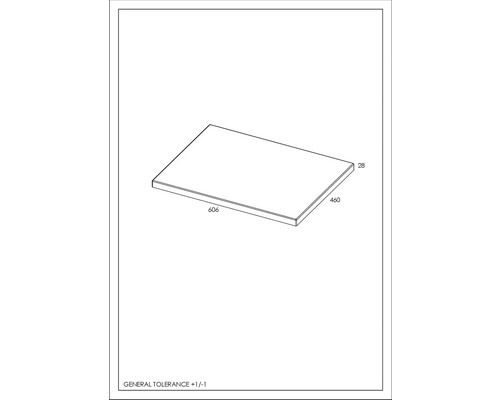 Technische tekening van een werkblad met afmetingen van 606 x 460 x 28 millimeter