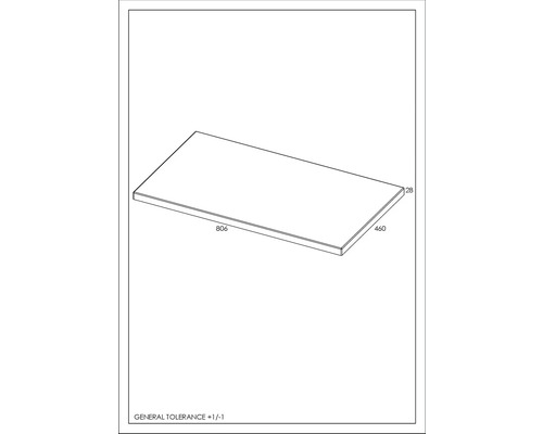 Technische tekening van een plaat met de afmetingen 806 x 460 x 28 mm