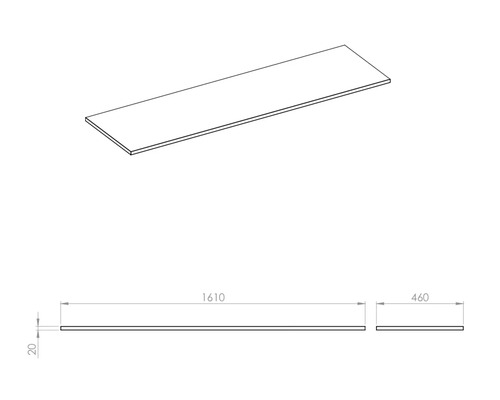Technische tekening van een werkblad met afmetingen 1610 x 460 x 20 millimeter.
