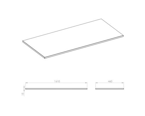 Werkblad met afmetingen 1610 x 460 x 15 millimeter.