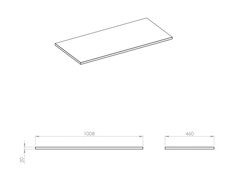 Technische tekening van een werkblad met afmetingen van 1008 x 460 x 20 mm