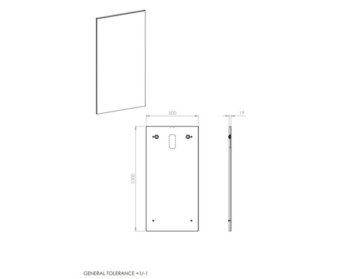 Technische tekening van een spiegel met afmetingen